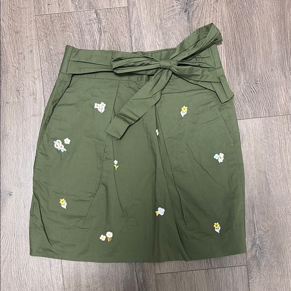 NWOT J. Crew Green Wrap Skirt with Tie Front and Embellishments